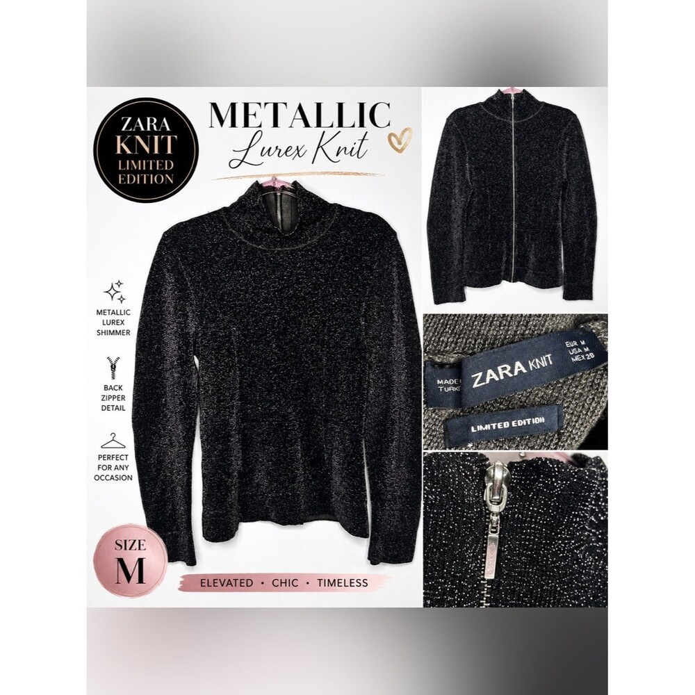 Zara Knit Limited Edition Metallic Lurex Mock Neck Back Zip Sweater Black Silver